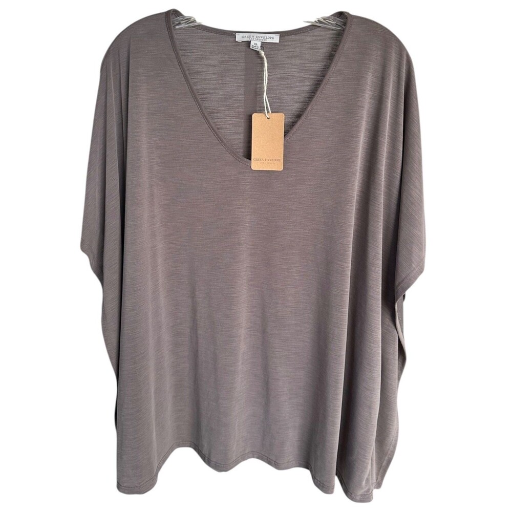 Green Envelope Women's Modal Blouse Top Short Bat Sleeve V-Neck Size XL Brown